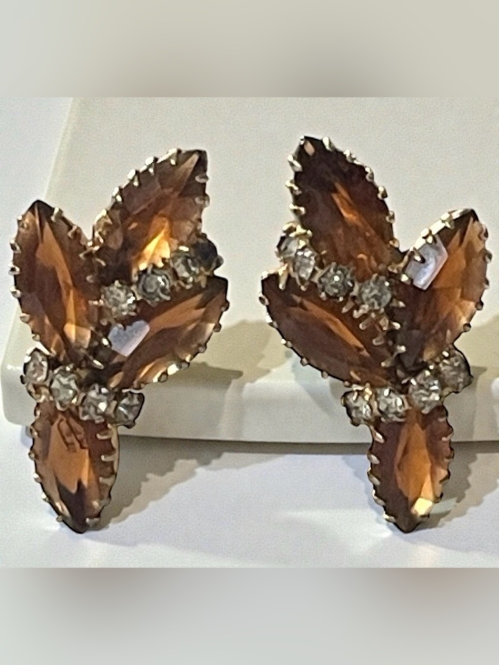 Juliana Style Saw Tooth Prong Set Amber Navette Clip-On Earrings